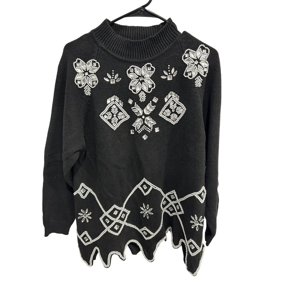 Vintage Black Sweater Beaded Rhinestone Floral Scalloped Hem Pronto Moda Size L